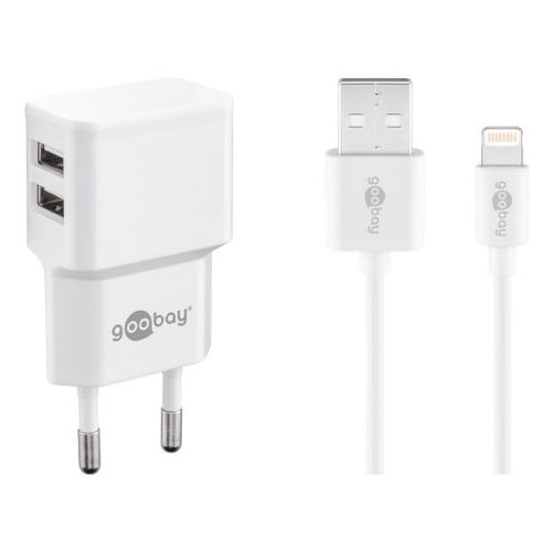 Se Goobay - Dual USB oplader sæt (USB i siden)(Apple Lightning) (2.4A/12W) (Han-Han) (Hvid) - 1,0 m hos AV-ZHOP.dk