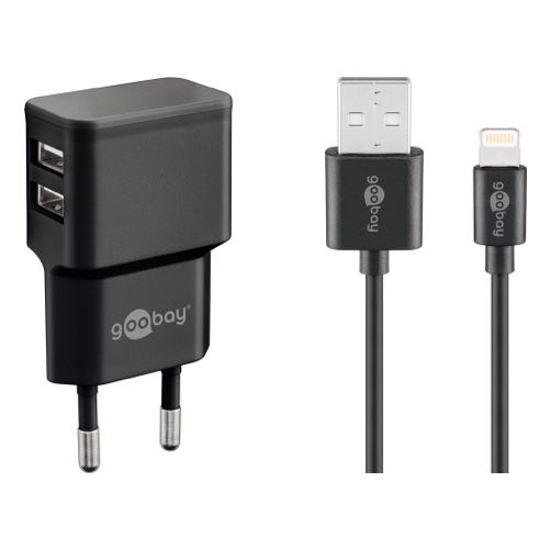 Billede af Goobay - Dual USB oplader sæt (USB i siden)(Apple Lightning) (2.4A/12W) (Han-Han) (Sort) - 1,0 m