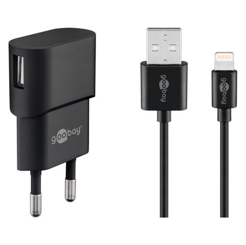 Se Goobay - USB oplader sæt (USB i siden) (Apple Lightning) (1A/5W) (Han-Han) (Sort) - 1,0 m hos AV-ZHOP.dk