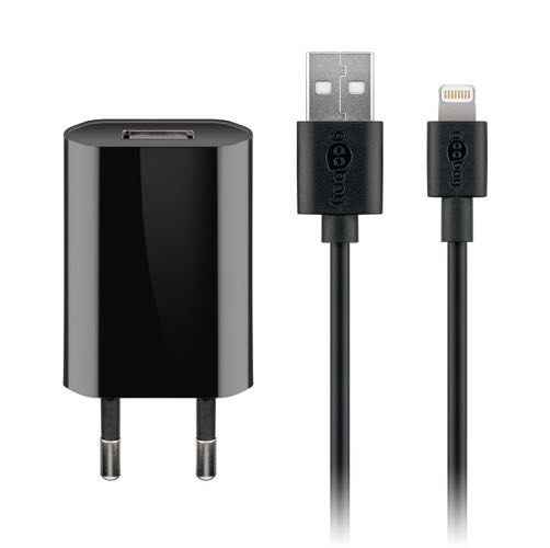 Se Goobay - USB oplader sæt (Apple Lightning) (1A/5W) (Han-Han) (Sort) - 1,0 m hos AV-ZHOP.dk
