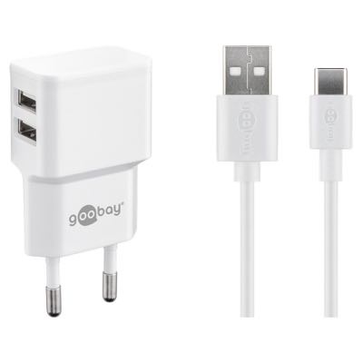 Goobay - Duel USB oplader sæt (indg. i side) (USB-C) (1A/5W) (Han-Han) (Hvid) - 1,0 m