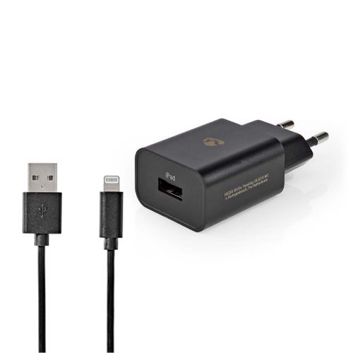 Billede af Nedis - USB oplader sæt (Apple Lightning) (2.4A/12W) (Han-Han) (Sort) - 1,0 m