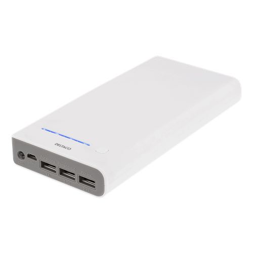 Deltaco - Powerbank m/Â LED lommelygte (3x USB-A) - 20000 mAh - 3A (Hvid)