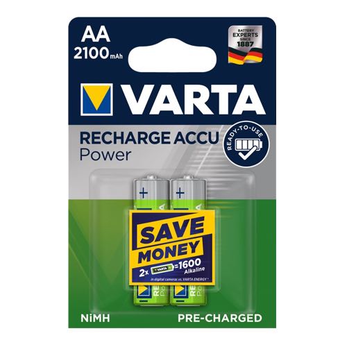 Se Varta - AA - 2 stk - Genopladelige Ni-MH Batteri (2100 mAh) (1.2V) hos AV-ZHOP.dk