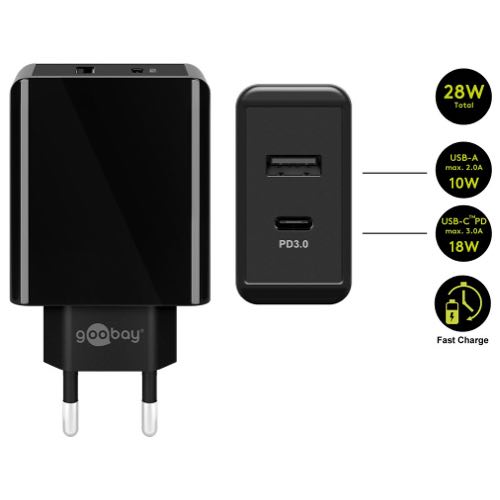 Billede af Goobay - Dual USB-C + USB-A Hurtig lader (5A/28W) (Han-Han) (Sort) - 0,1 m