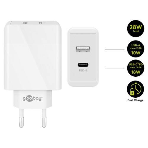 Billede af Goobay - Dual USB-C + USB-A Hurtig lader (5A/28W) (Han-Han) (Hvid) - 0,1 m