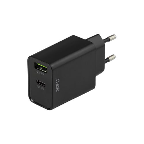 Deltaco - Duel lader (1xUSB-C /1xUSB-A) 3.0A (18W) (Han-Han) (Sort) - 0,1 m