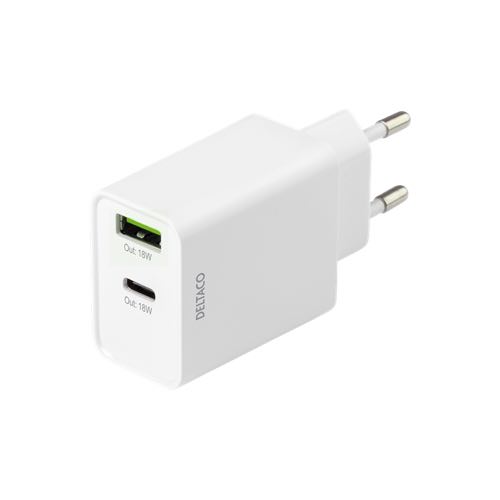 m-Deltaco - Duel lader (1xUSB-C /1xUSB-A) 3.0A (18W) (Han-Han) (Hvid) - 0,1 m