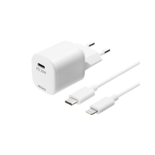 Billede af Deltaco - USB oplader sæt (Apple Lightning) (3.0A/20W) (Han-Han) (Hvid) - 1,0 m