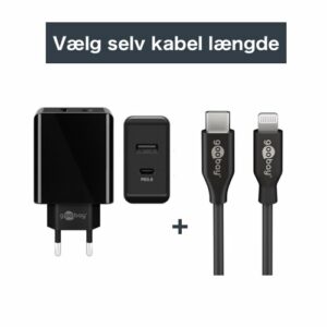 Goobay – USB-C + USB-A oplader sæt (Apple Lightning) (5A/28W) (Han-Han) (Sort) - vælg selv kabel længde